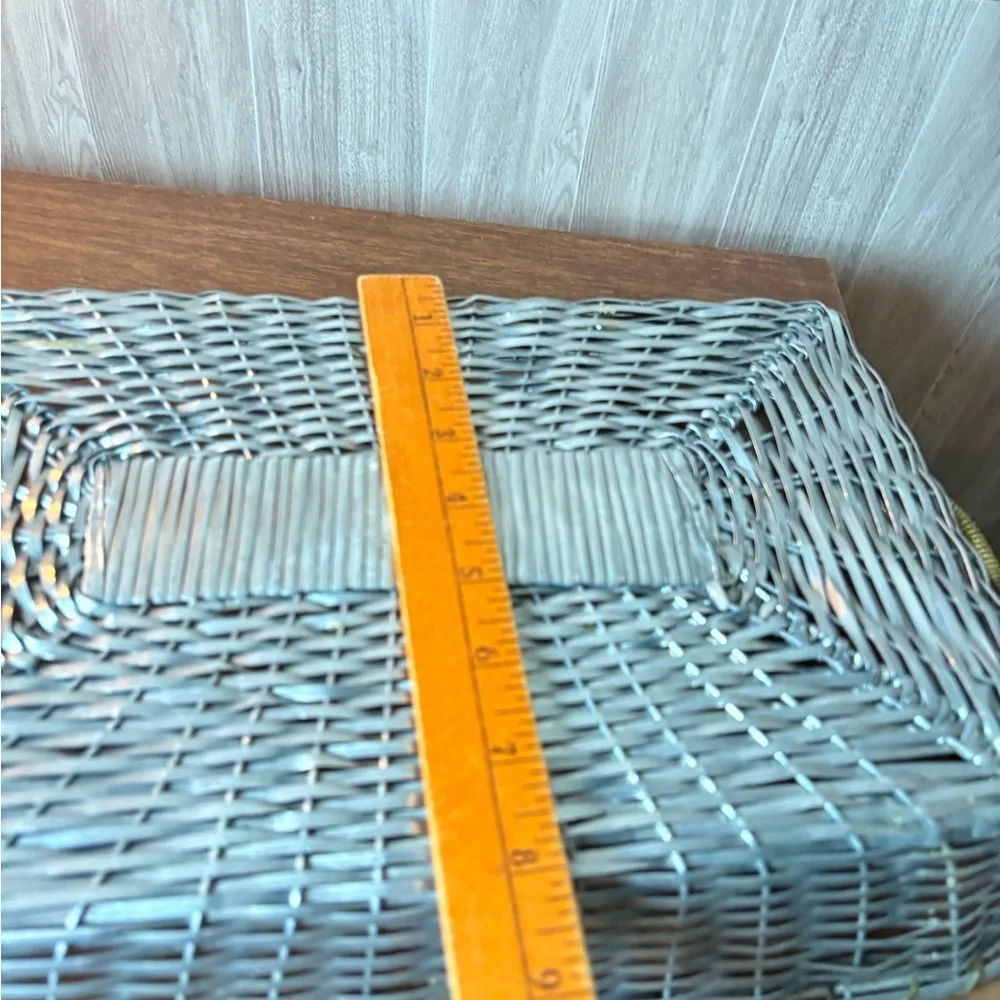 Vintage Aluminum And Brass Gray Woven Rectangular Basket with Brass-Tone Handles